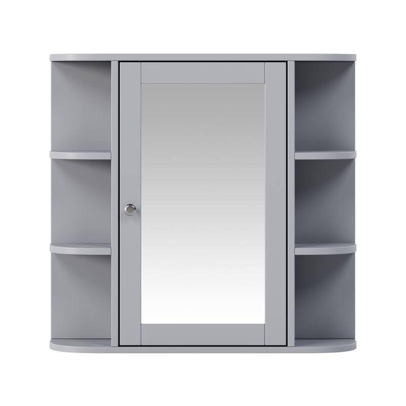 Bathroom Wall Storage Cabinet with Mirror, with Adjustable Wood Shelf & Doors, Mounted Storage Cabinets with 6 Open Shelves