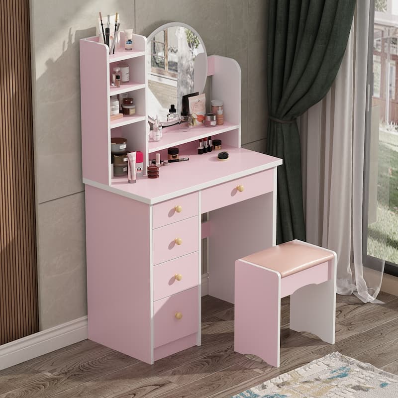 Makeup Vanity Set Dresser w/Mirror Stool 5 Drawers - White/Pink/Black - 31.5"L x 15.7"W x 52"H