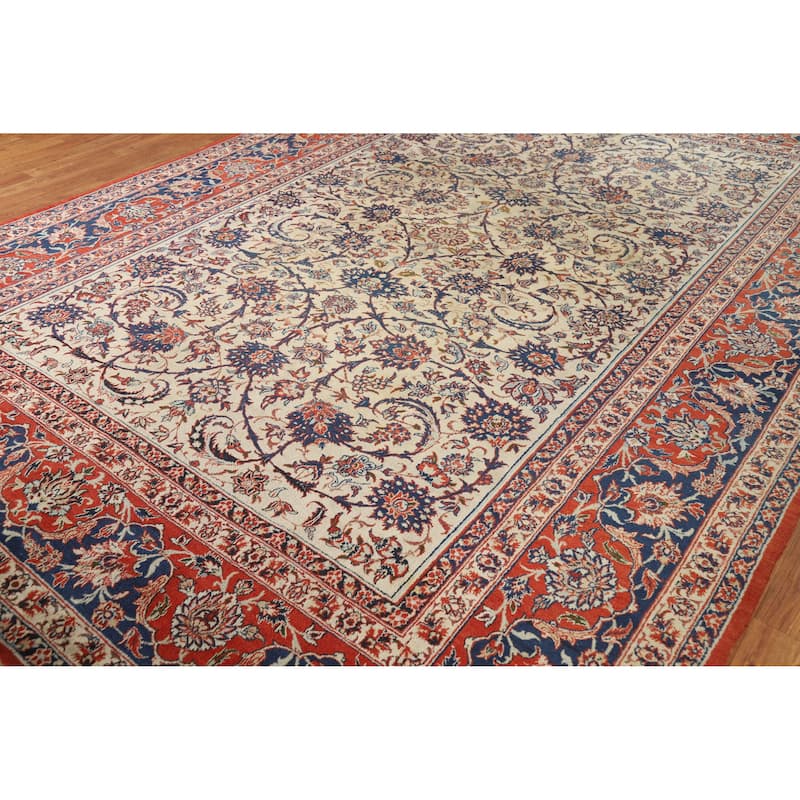 Hand Knotted Oriental 100% Wool Carpet Traditional Floral Beige & Ivories Isfahan Area Rug - 12' 0'' X 8' 7''