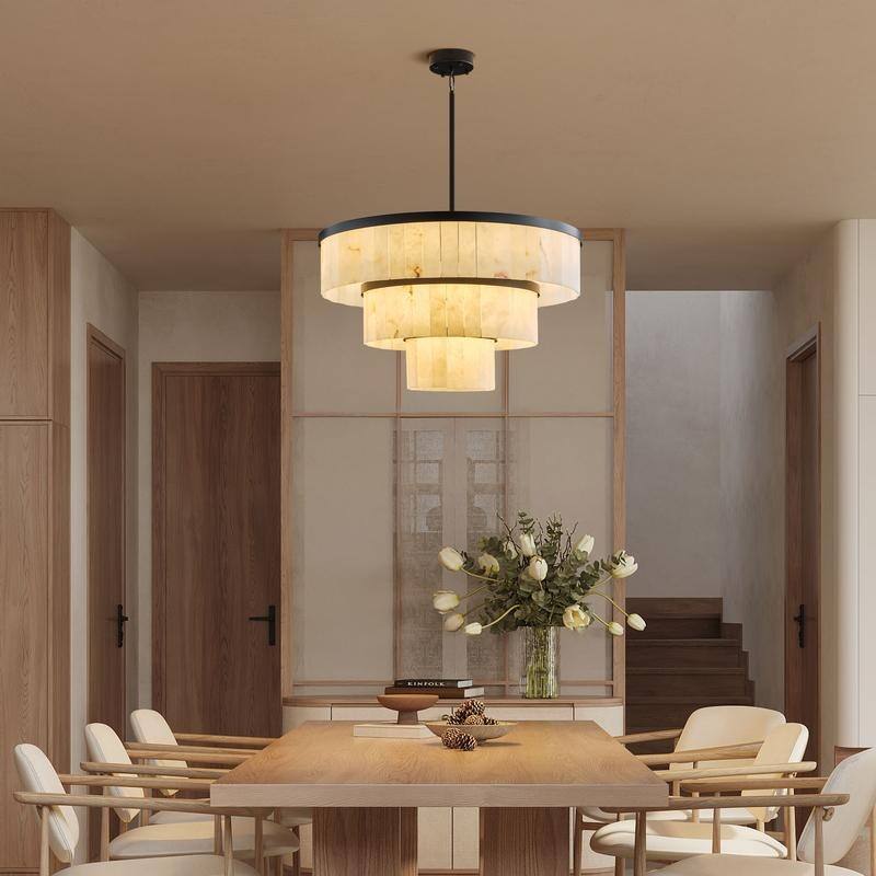 Elegant layered alabaster chandelier with natural stone panels