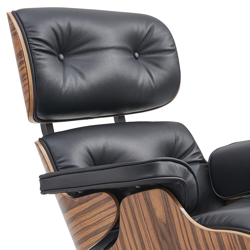 Mid-century Modern Lounger Real Leather Arm Chair and Ottoman Set - Plus - Rosswood&Black