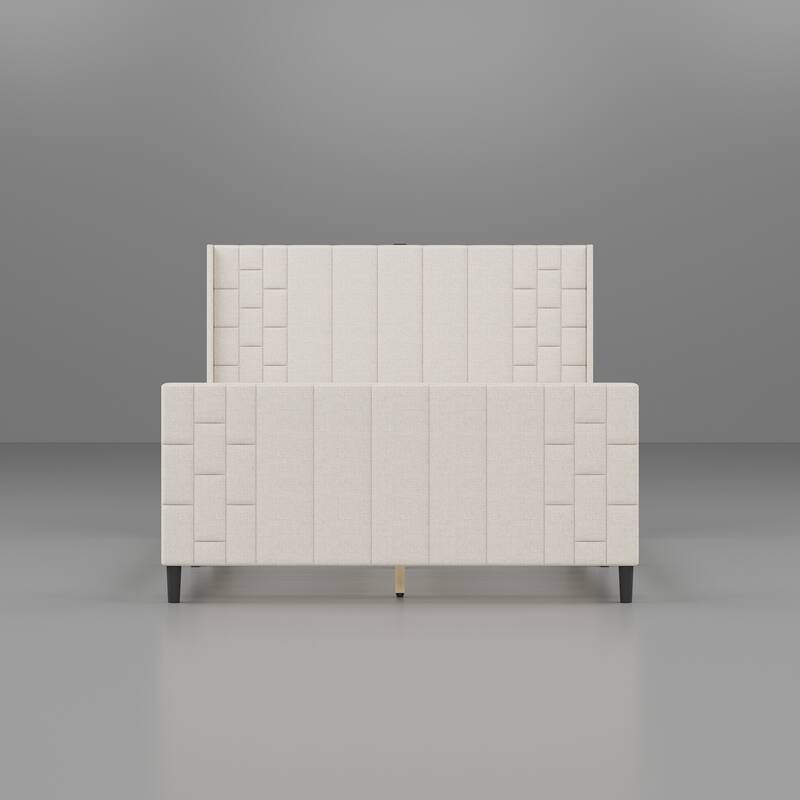 Queen Size Bed Frame with Upholstered Headboard & Footboard Beige