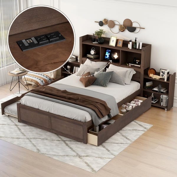 slide 2 of 12, Full Platform Bed with Storage Headboard & Charging Station, Wooden Bed Frame with Pull Out Shelves, Twin Trundle, Drawers Espresso - Full