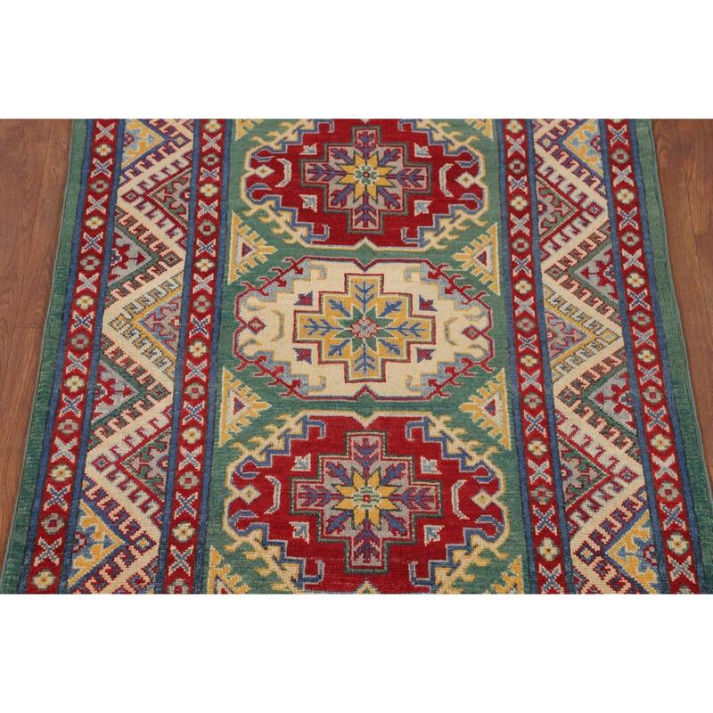 Green Kazak Accent Rug Handmade Wool Carpet - 3'3" x 4'11"