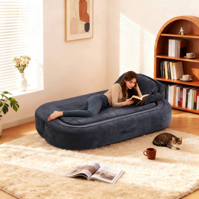 Modern Convertible Floor Sofa Bed with Corduroy Cushion, 2 Pillows & No Assembly