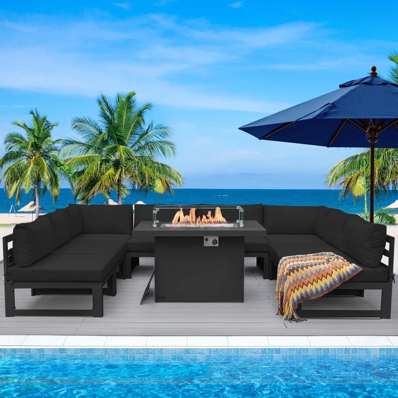 FINCATI Aluminum Outdoor Patio Furniture Conversation Sectional Sofa Set - 9 Pieces - Black