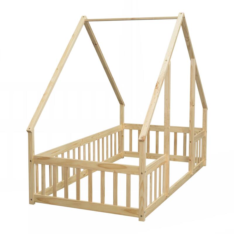 Twin Wood House-Shaped Floor Bed with Fence