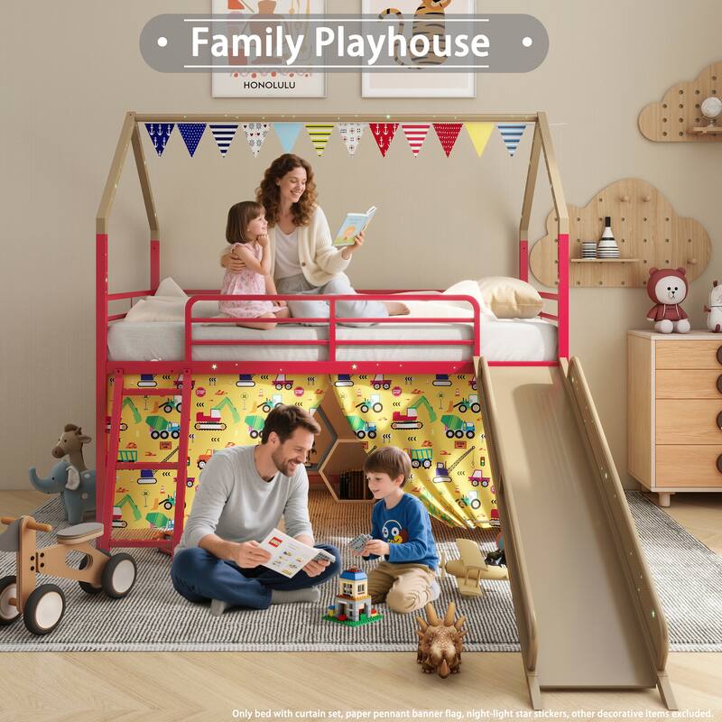 Metal Junior House Twin Loft Bed with Slide and Curtain Set and Pennant Banner Flag and Star Stickers