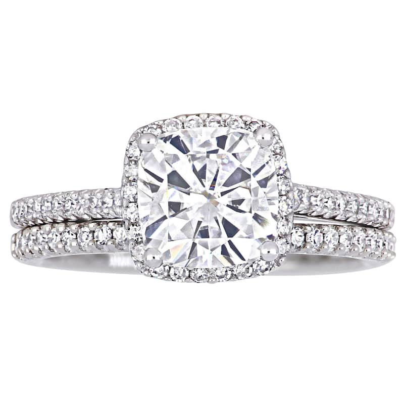 2ct TGW Cushion-Cut Moissanite and 1/3ct TDW Diamond Bridal Ring Set in 14k White Gold by Miadora
