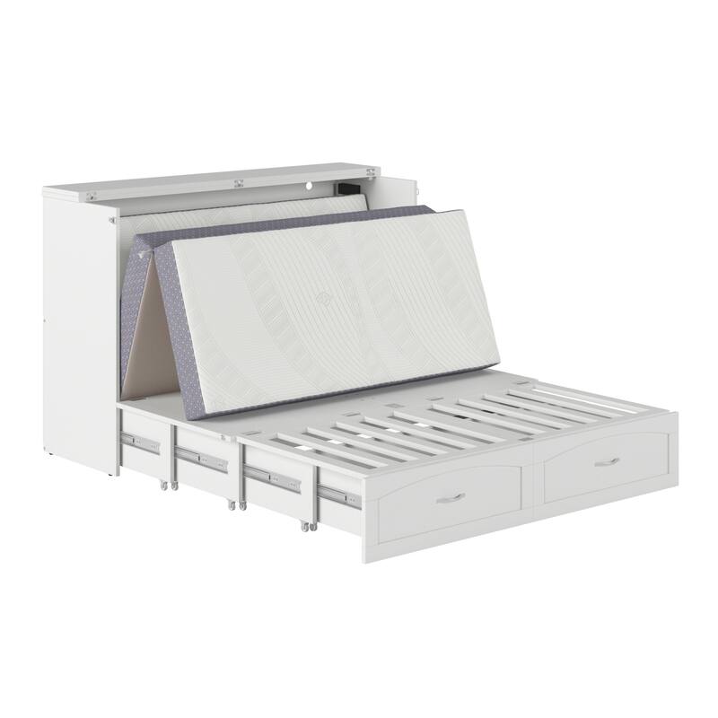 Marion Queen Murphy Bed Chest with 6" Mattress, Storage Drawer & Built-In Charger