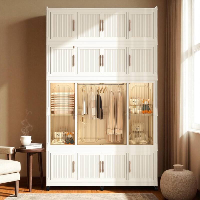Portable Wardrobe Closet Organizer with 17 Magnetic Doors, 17 Cubes, Hanging Rod & 6 Hangers, Plastic Clothes Storage Cabinet - Cream White