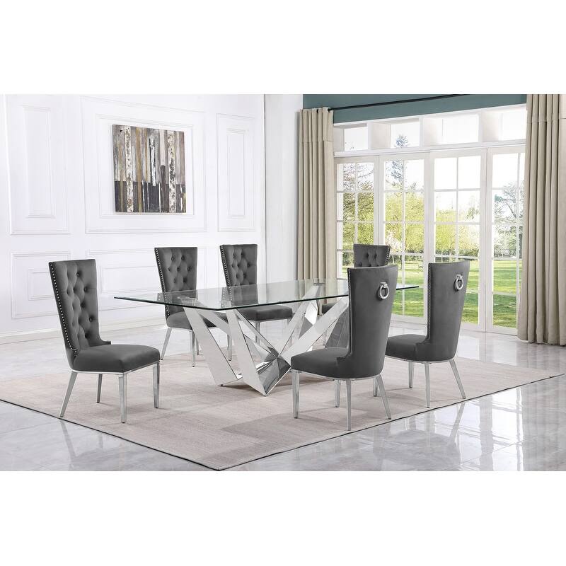 Best Quality Furniture D402/3-SC330-7 Dining Set with 94" 15mm Glass with Bevel - 7-Piece - Dark Grey / Silver