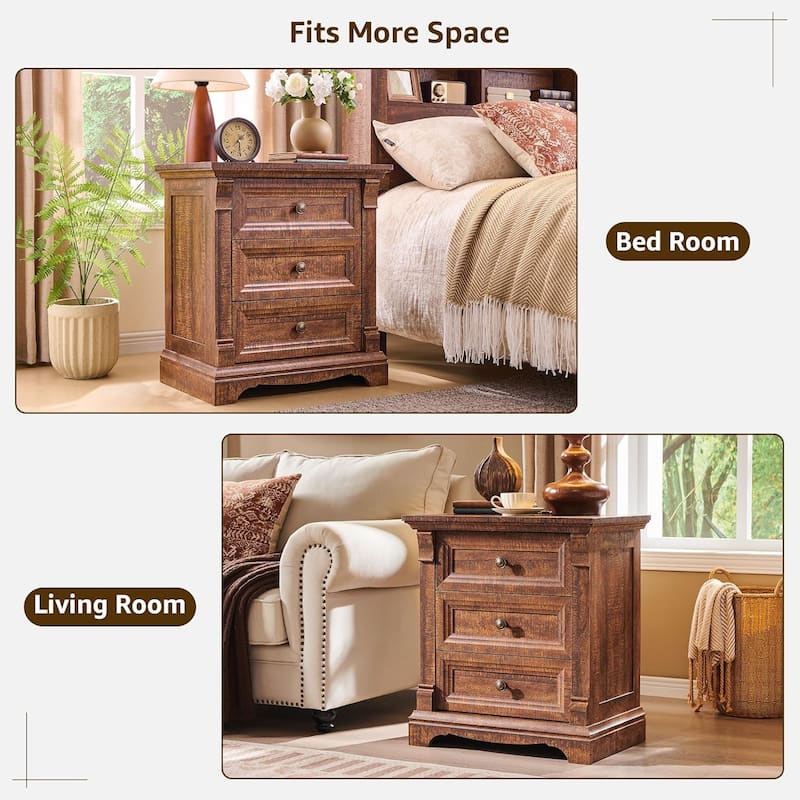 Farmhouse 3 Drawers Nightstand with Charging Station, Rustic End Table