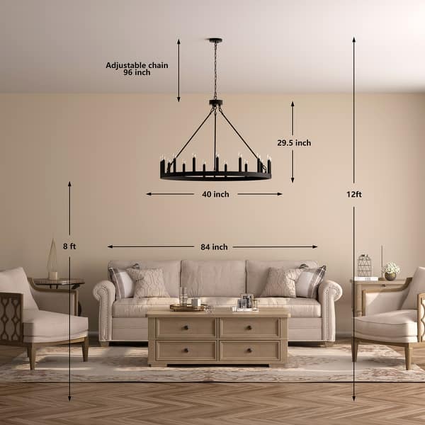 dimension image slide 1 of 7, Acroma 15-light Farmhouse Large Wagon Wheel Candle Chandelier with UL Certified - D40'' * H130''