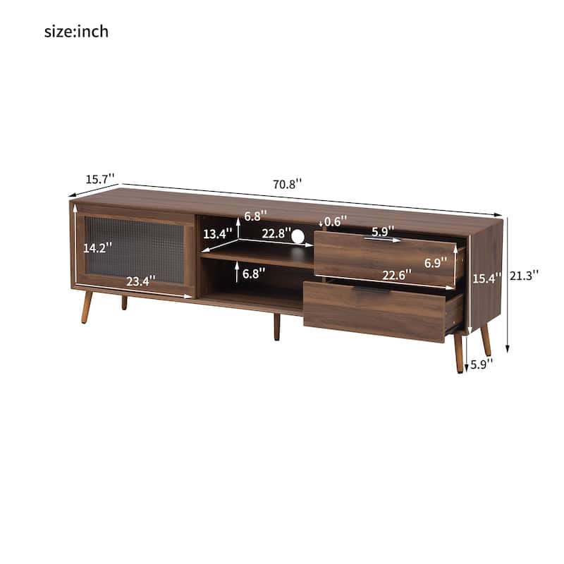 TV Stand with 2 Glass Doors, Entertainment Center with 2 Drawers and Open Shelves, Media Console Table with Solid Wood Legs