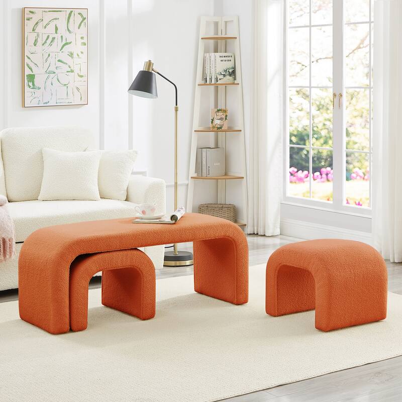 3-Piece End of Bed Bench Set with 2 Small Benches, Teddy Ottoman Bench Sofa Footrest for Entryway, Living Room - Orange