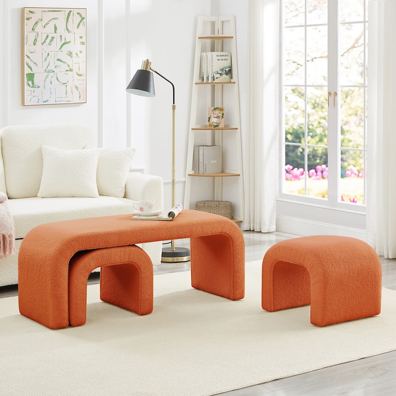 Set of 3 U-Shaped Modern Bench Teddy Ottoman Bench for Entryway, Bedroom End of Bed, Set of 3 Small Sofa Footrest - Orange