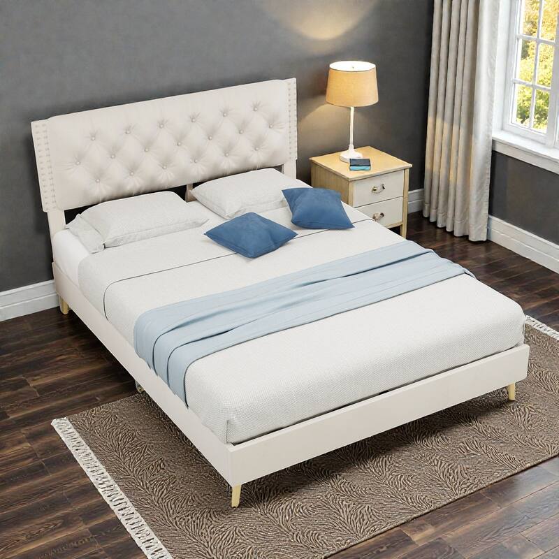 Suede Velvet Upholstered Bed Frame with Tufted Headboard, Soft Platform Bed for Master Bedroom
