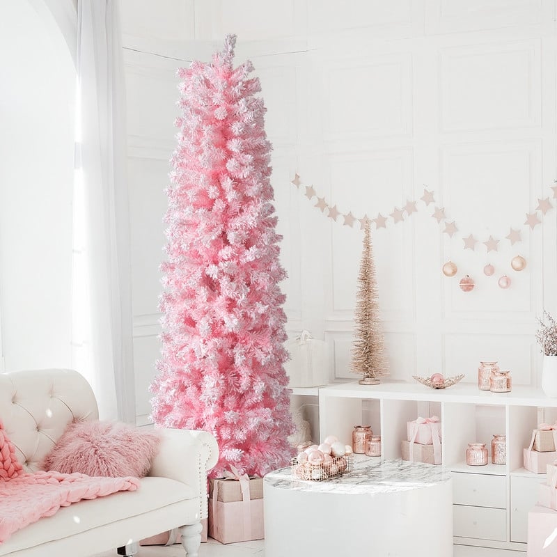 7.5 FT Snow Flocked Hinged Artificial Pencil Pink Christmas Tree - 7.5FT - Pink