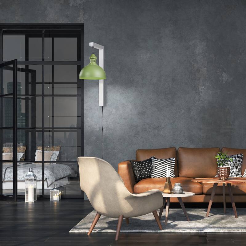 River of Goods Green Metal and White Wood Dome Shade Indoor Plug In Wall Sconce - 16" x 12" x 28.5"