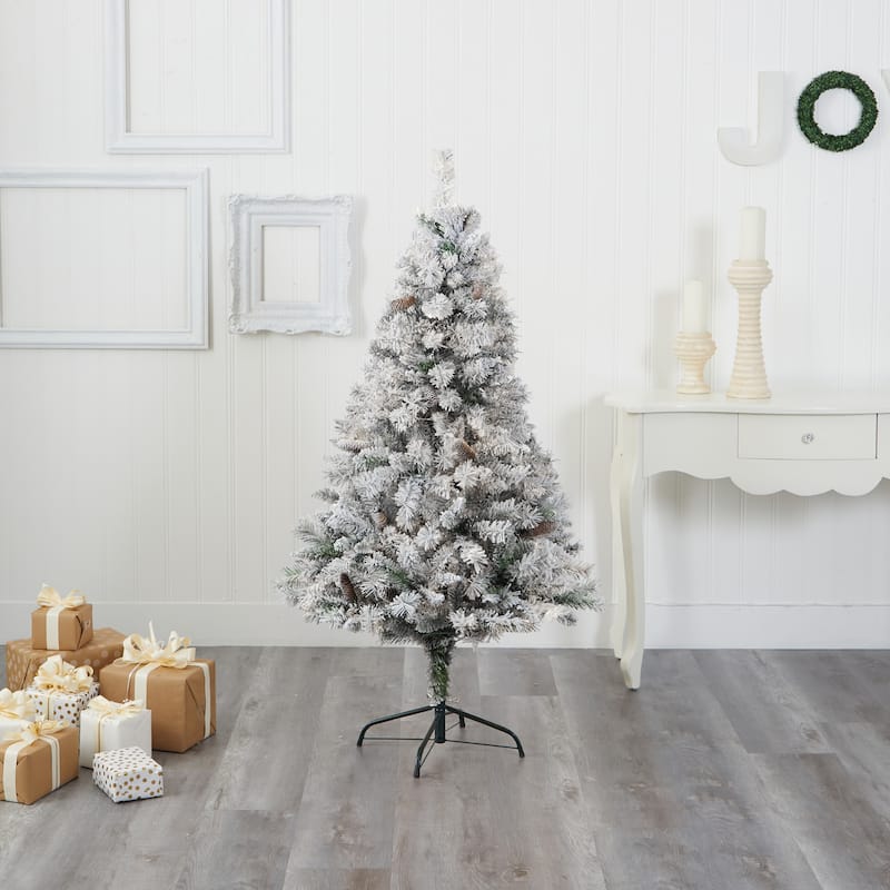 5' Flocked White River Mountain Pine Christmas Tree with Pinecones - Green