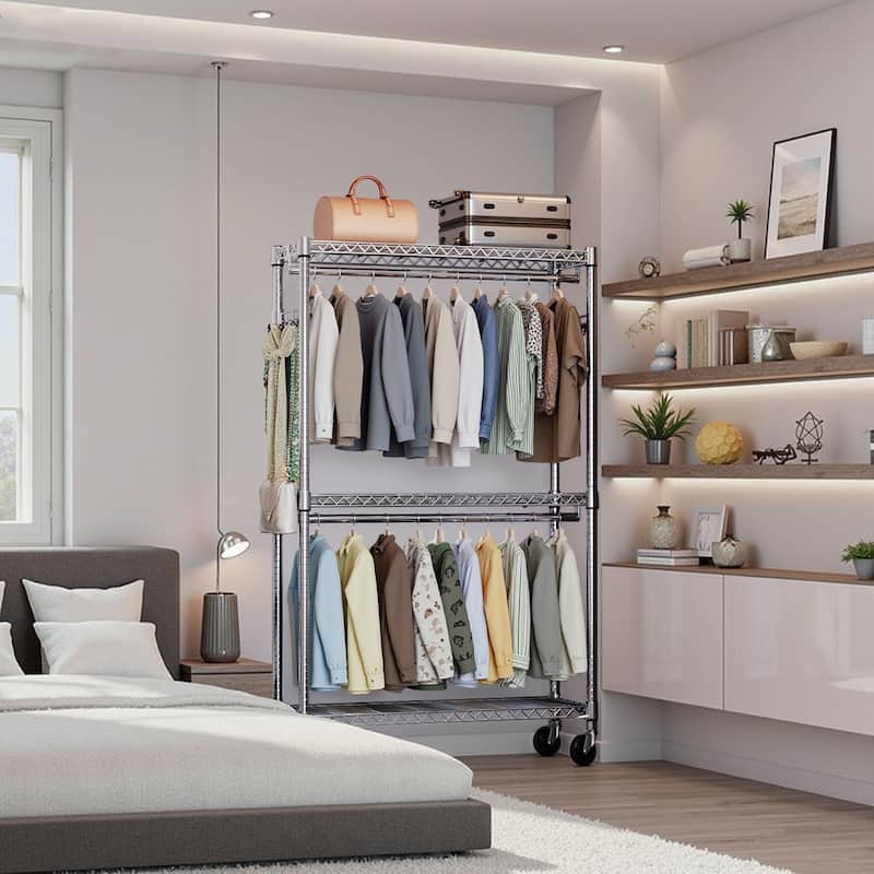 Heavy Duty Rolling Garment Rack 3 Tiers Adjustable Wire Shelving Clothes Rack with 2 Rods and Side Hooks