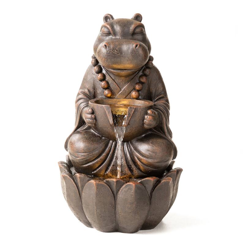 Glitzhome 21.75"H 2-Tiered Lighted Zen Style Frog Elephant Hippo Polyresin Outdoor Fountains - Brown - Hippo