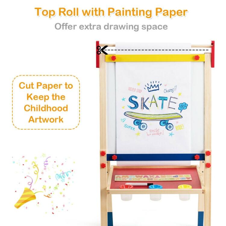 All-in-One Wooden Height Adjustable Kid's Art Easel with Magnetic Stickers and Paper - 23.5" x 21.5" x 44"/46.5"/49" (L x W x H)