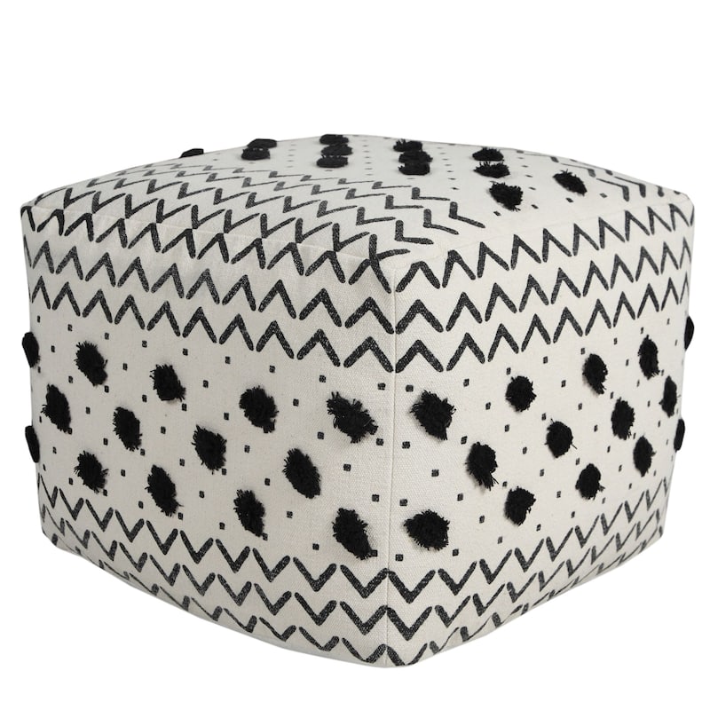 18" White and Black Geometric Arrow Square Pouf Ottoman