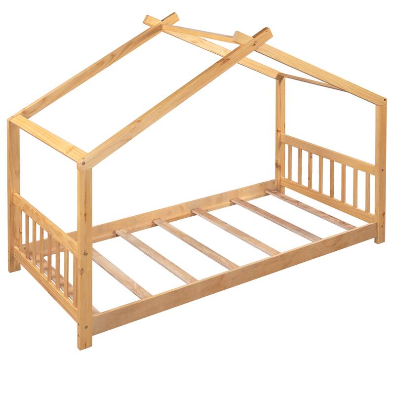 Twin Size House Platform Bed with Headboard and Footboard, Roof Design, Natural Wood