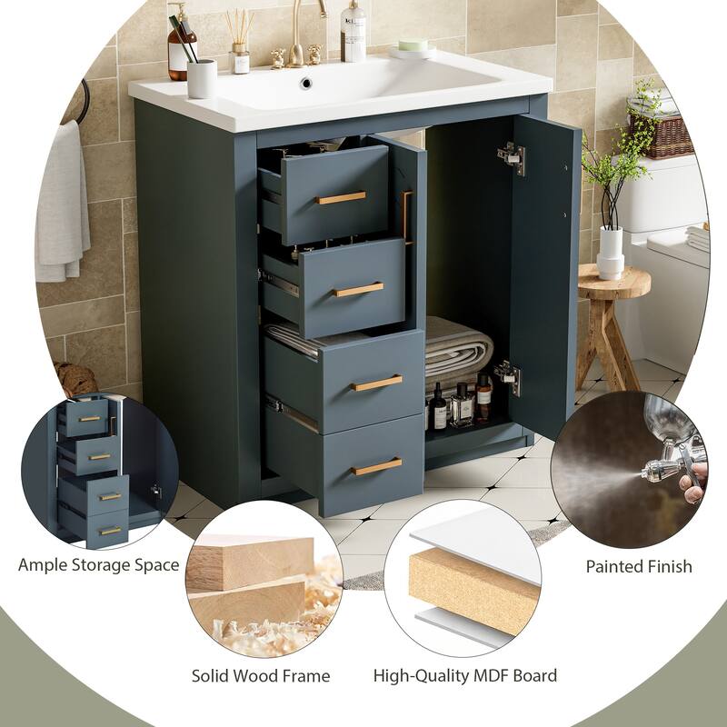 GDFStudio - Montvale Modern Freestanding Bathroom Vanity with Ceramic Sink and 3 Storage Drawers & Soft Closing Doors - 30'W