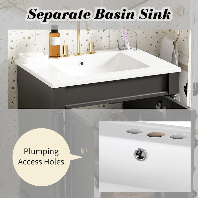 24 Inch Bathroom Vanity with Ceramic Top Sink, Freestanding Single Sink Vanity with Storage Shelves, Modern Style