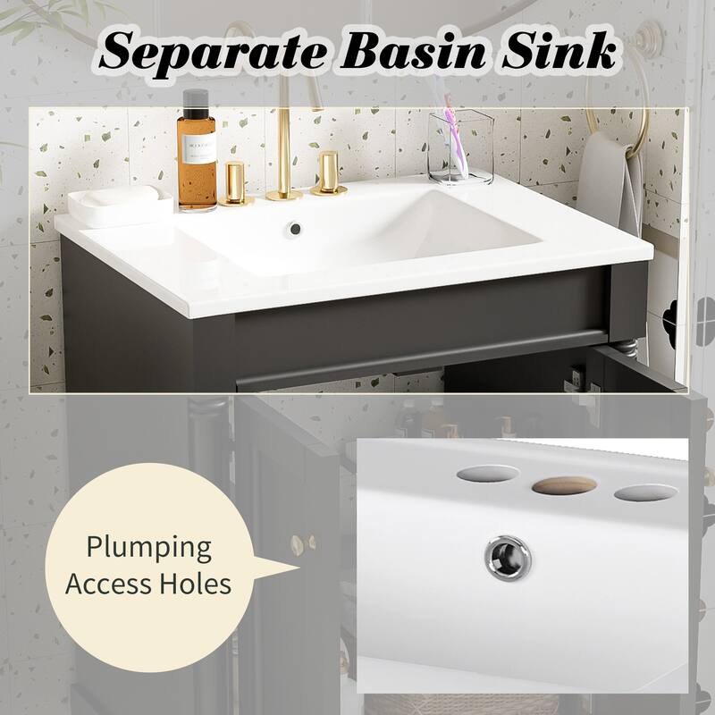 Modern 24'' Bathroom Vanity with Ceramic Sink, 2-Tier Storage Cabinet for Bathroom Essentials