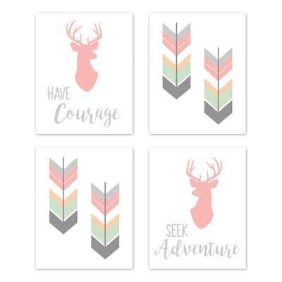 Sweet Jojo Designs Coral Mint Grey Woodland Deer Woodsy Collection Wall Decor Art Prints (Set of 4) - Adventure Courage