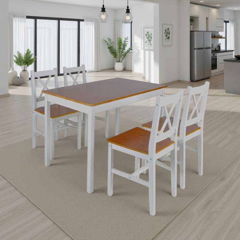 5pc Dining Table Set, 43 Inch Rectangular, 4 Chairs, Brown White Wood