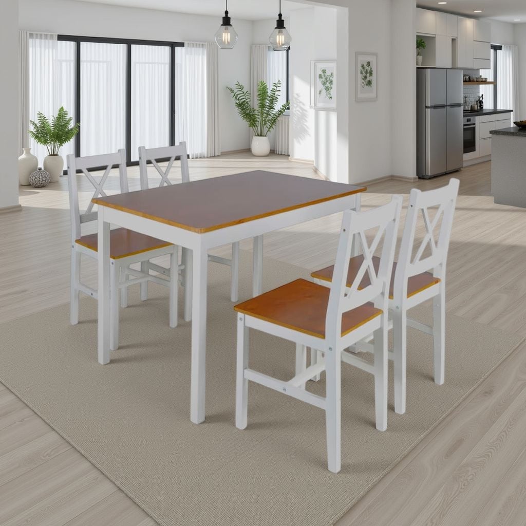 5pc Dining Table Set, 43 Inch Rectangular, 4 Chairs, Brown White Wood