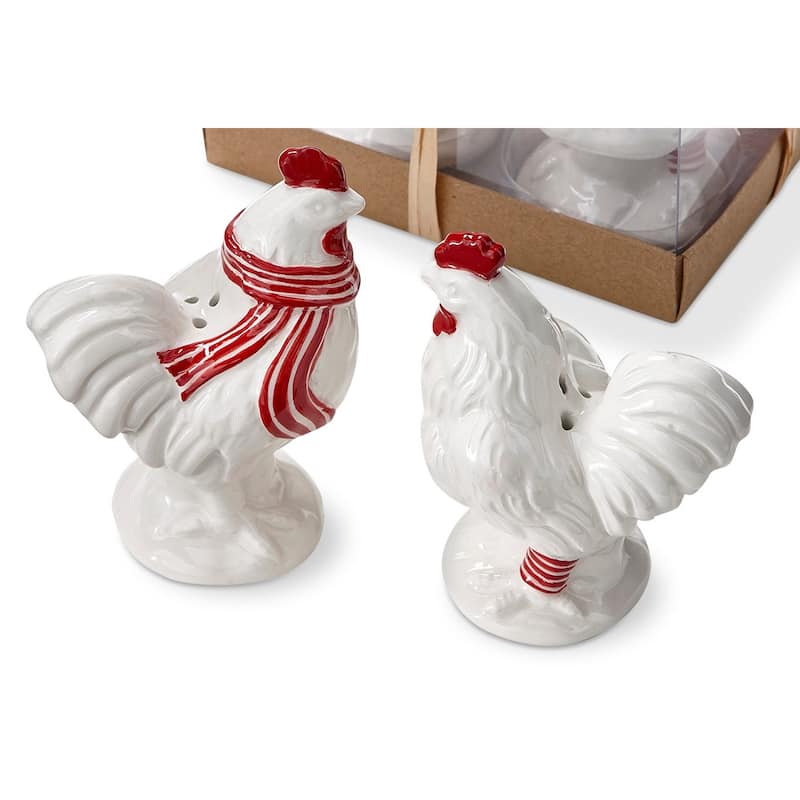 "Farmhouse Christmas Collection" Leghorn & Lillie Holiday Chicken Shaped Earthenware White and Red Salt & Pepper Shaker Set Of 2