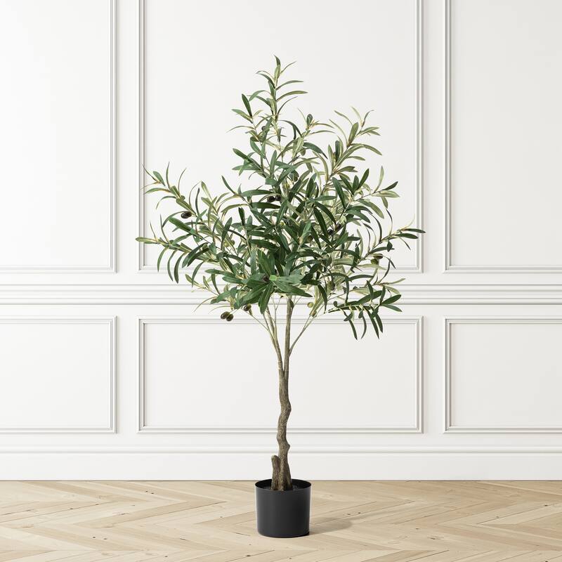 Glitzhome 3ft-6ft Set of 2 Artificial Olive Trees/ Bamboo/ Ficus with Ceramic Planters Real Touch