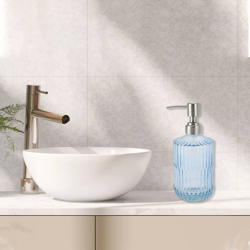 Simple Vertical Lines Soap Pump Dispenser for Bath 450ml 1 Pcs - Clear Blue Silver Tone