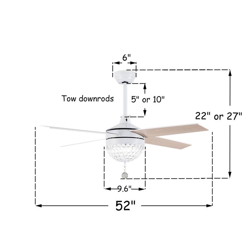 Bella Depot 52" Modern Crystal Ceiling Fan with LED Light, Reversible Ceiling Fan with Remote Control