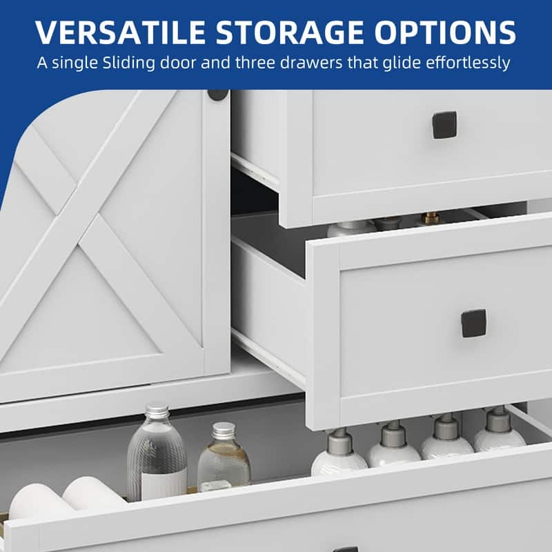 Moasis Farmhouse Bathroom Vanity Cabinet with Ceramic Sink Basin and Sliding-Door Cabinet & 3 Drawers