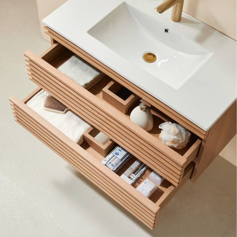 Modland 36" Wall Mount Bathroom Vanity with Ceramic Sink - 2 Soft-Close Drawers,Silk Mist Oak - 36 inch
