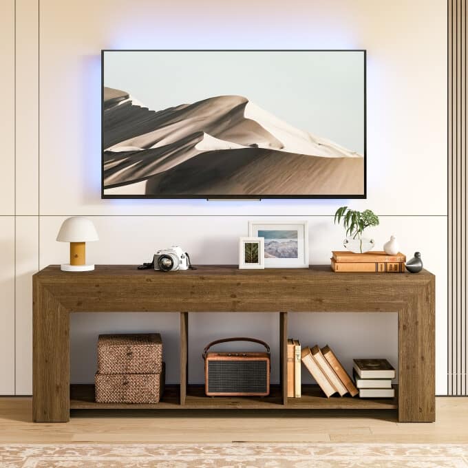 63-Inch Solid Wood TV Stand with Open Storage Shelves - Brown