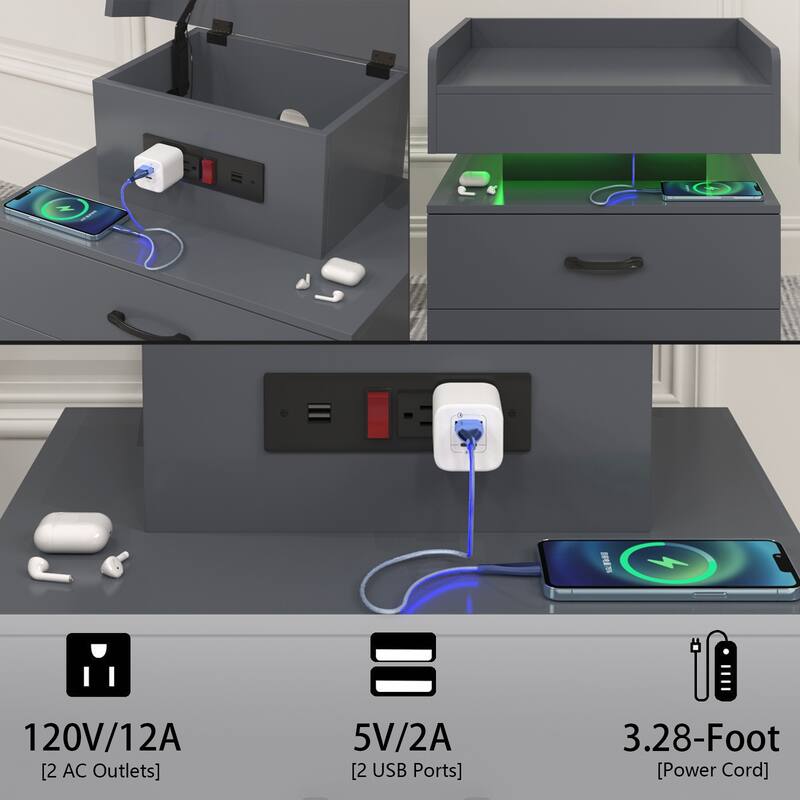 1 Set Nightstand with Adjustable LED Strip Light, 2-Drawers, Large Storage Space