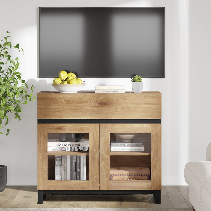 WAMPAT Modern TV Stand with Glass Doors for 110 inch TVs, Entertainment Center Console with 3 Drawers and Metal Base