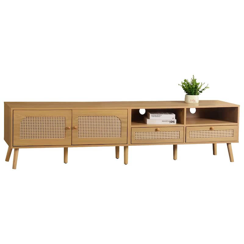 Roomfitters Boho TV Stand for 85" TVs, Farmhouse Media Console with Wood Legs, Entertainment Cabinet for Living Room, Natural