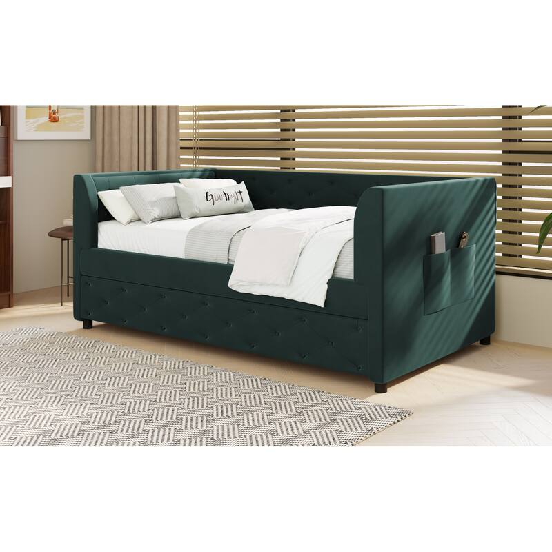 Twin Velvet Tufted Daybed with Trundle & Storage - 400LB Capacity