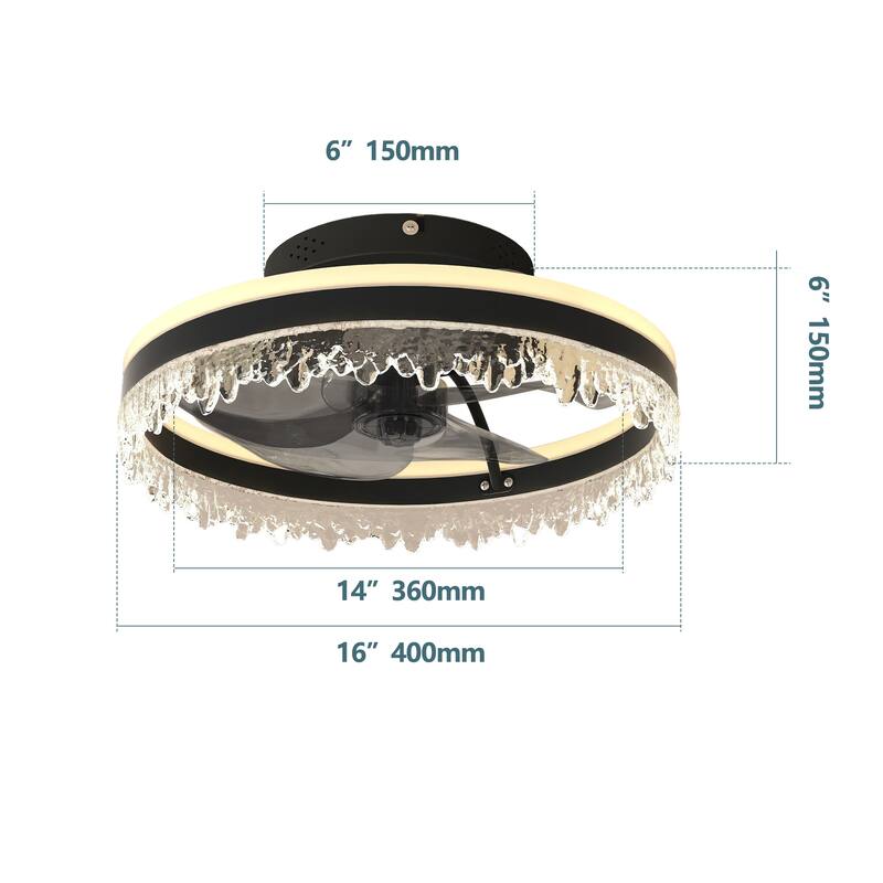 Modern LED Ceiling Fan with Light - 16" Dimmable Ceiling Light with Invisible Blades and Crystal Design, Remote Control - Black
