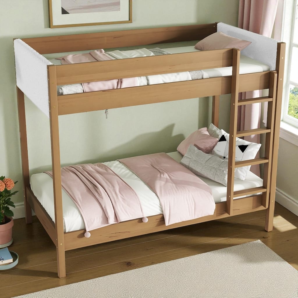 Modern Twin Over Twin Wooden Bunk Bed with Teddy Fleece Upholstery, Safety Guardrails, Ladder, and Underbed Storage Space