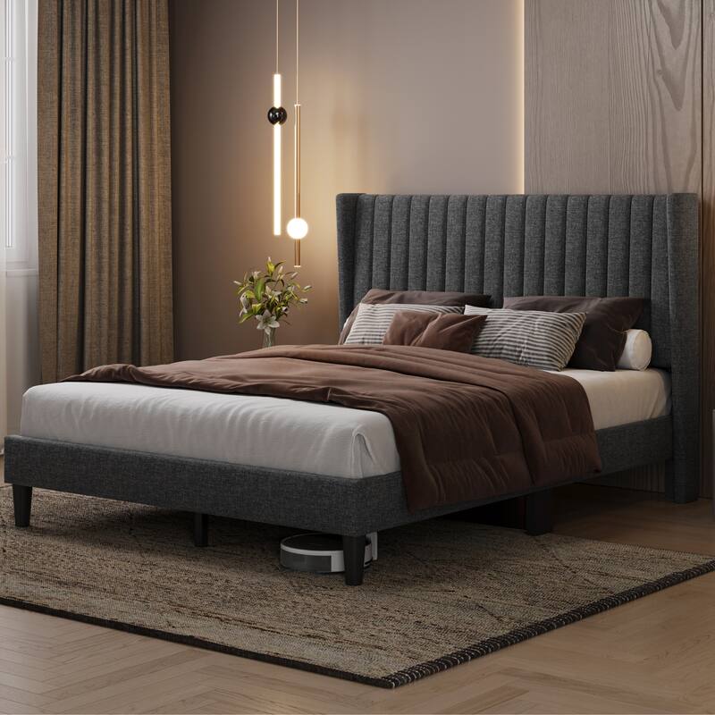 Yaheetech Upholstered Bed Frame with Wing Side Fabric Upholstered Bed with Headboard - Dark Gray - Queen